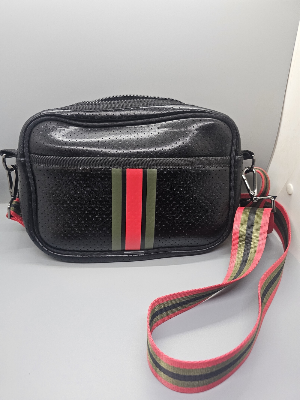 Black Crossbody Bag with Green and Red Stripe